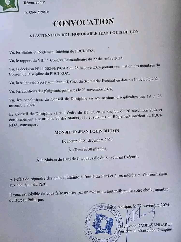Jean-Louis Billon est convoqué en Conseil de discipline du PDCI-RDA
