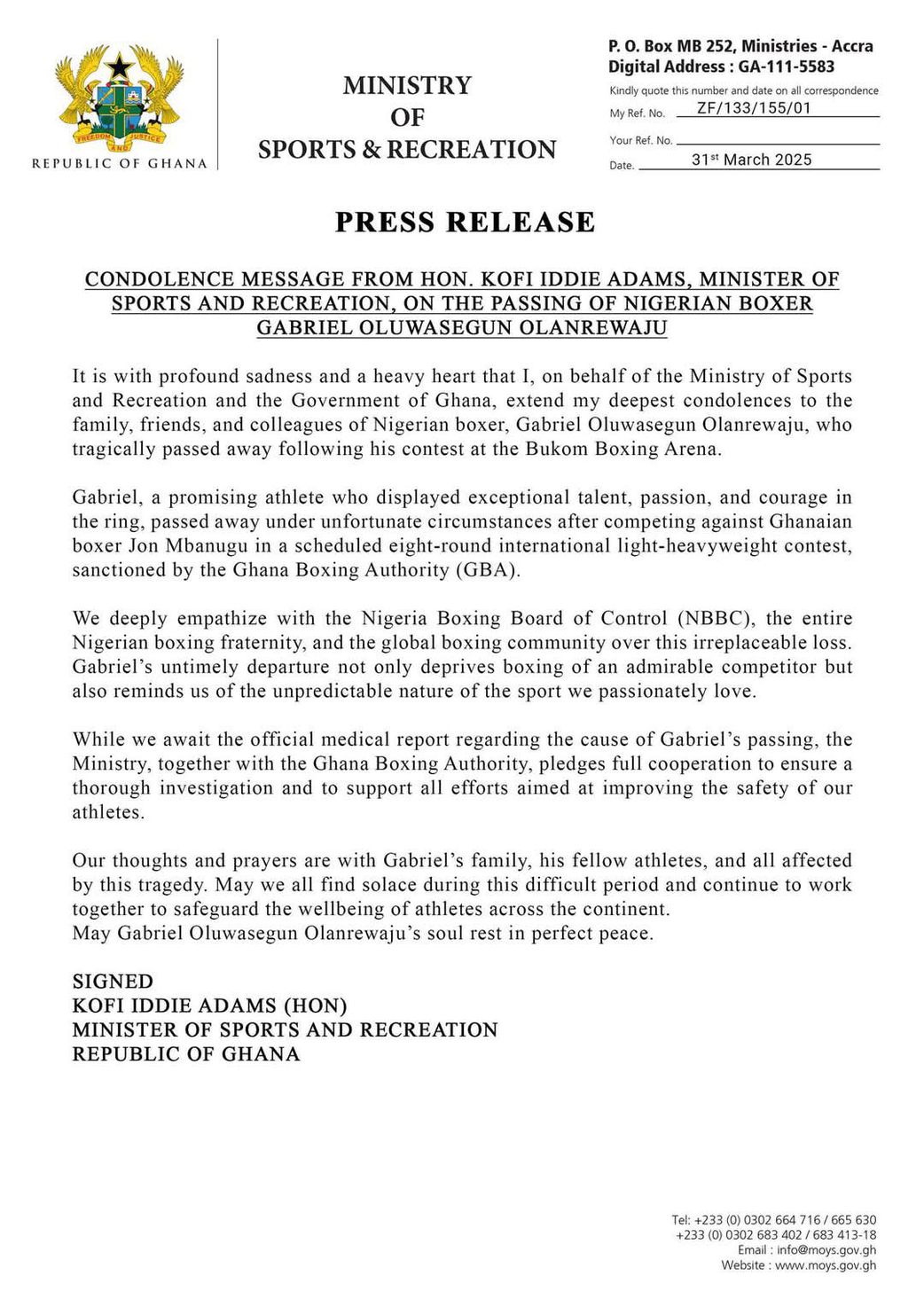 Kofi Adams extends condolences to family of Nigerian boxer who died during match in Ghana