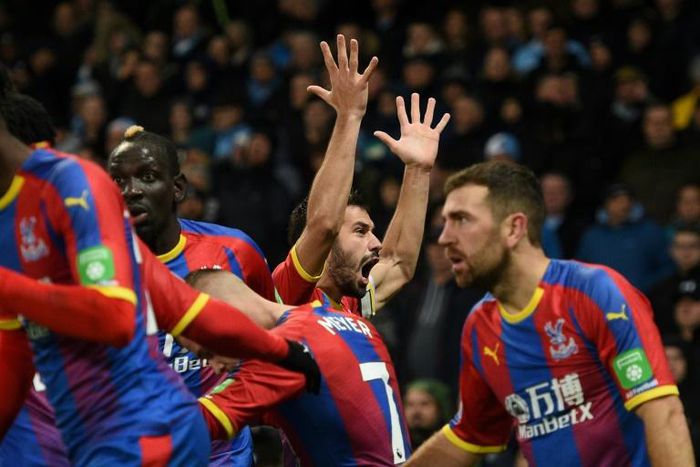 Crystal Palace's Luka Milivojevic celebrates scoring his side's third goal in a shock win at Manchester City
