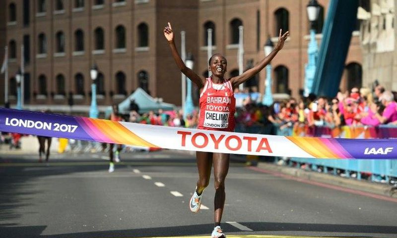 Bahrain's Rose Chelimo wins the women's marathon at the 2017 IAAF World Championships in central London on August 6, 2017