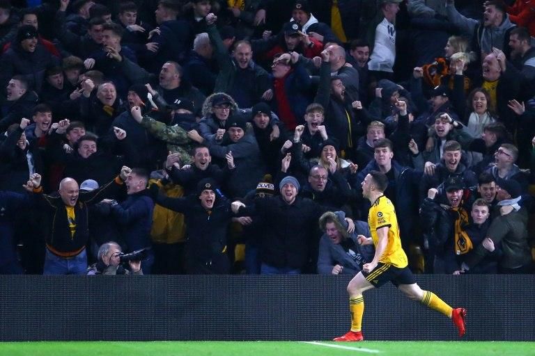 Wolves' Diogo Jota celebrates his side's winner against Chelsea