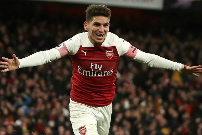 Arsenal's Lucas Torreira celebrates after scoring the only goal of a 1-0 win over Huddersfield