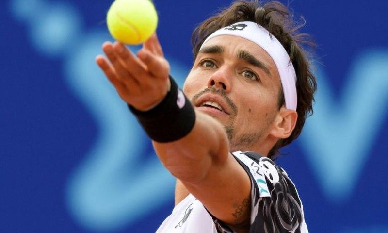 Italy's Fabio Fognini serves a ball to Germany's Yannick Hanfmann during their final game at the Swiss Open ATP 250 tennis tournament on July 30, 2017 in Gstaad