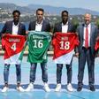 Monaco's new signings, (from L) Terence Kongolo, Diego Benaglio, Souahilo Meite, Youri Tielemans and Jordi Mboulla, pose with the club's Vice President Vadim Vasilyev (3rd R), during official presentation in Monaco, on July 26, 2017