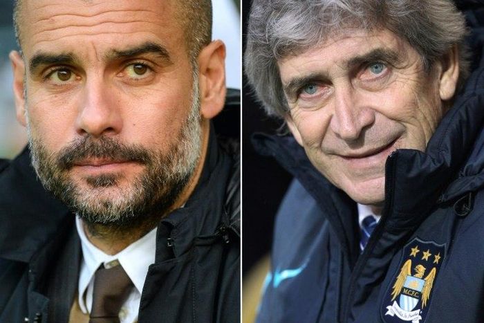 Pep Guardiola (left) is preparing to go head to head with Manuel Pellegrini, his predecessor at Manchester City