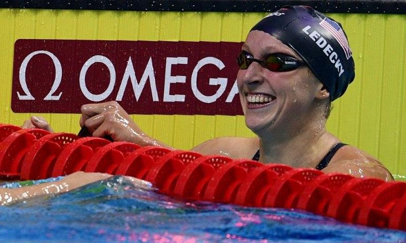 USA's Katie Ledecky celebrates after winning the women's 400m freestyle final in Budapest, on July 23, 2017