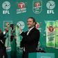 CEO of Carabao Group Sathien Setthasit (L) and former French international footballer Emmanuel Petit raise the EFL Carabao Cup after the first draw for the upcoming season's EFL Cup tournament, at Tawandaeng brewery in Bangkok, on June 16, 2017