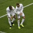 Neymar celebrates with Kylian Mbappe after scoring Paris Saint-Germain's second goal in their 2-1 win over Liverpool
