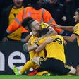 Wolves celebrate their winning goal against Chelsea
