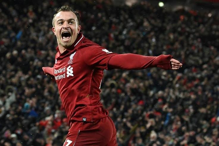 Liverpool's Xherdan Shaqiri celebrates after scoring against Manchester United at Anfield