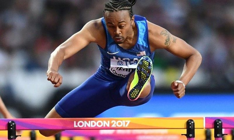 US athlete Aries Merritt competes in the 110m hurdles at the 2017 IAAF World Championships in London