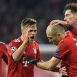 Dutch winger Arjen Robben (C), who turns 35 next month and has said he will retire at the end of the season, is congratulated by his Bayern Munich team-mates after scoring twice in the 5-1 trashing of Benfica a fortnight ago.