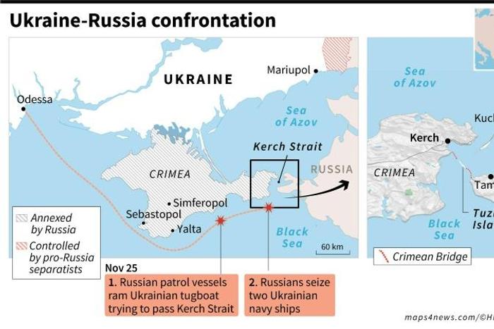 Map locating the Kerch Strait, Sea of Azov and area where Ukrainian ships were seized by Russia