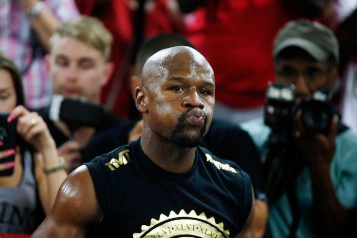 Floyd Mayweather Jr. holds a media workout at the Mayweather Boxing Club on August 10, 2017 in Las Vegas, Nevada