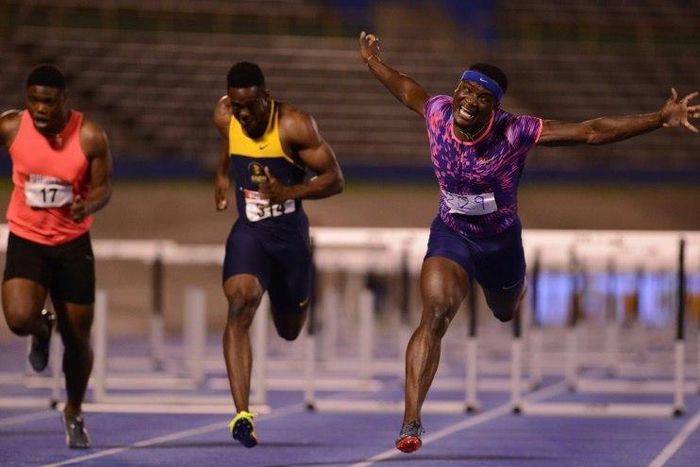 Omar Mcleod sets a new Jamaican national record of 12.90 seconds in the men's 110m hurdles Saturday at the National Track & Field senior trials in Kingston