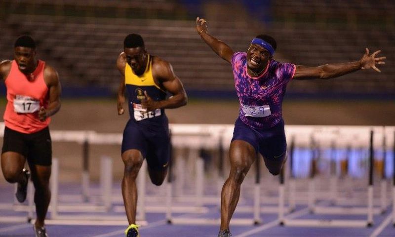Omar Mcleod sets a new Jamaican national record of 12.90 seconds in the men's 110m hurdles Saturday at the National Track & Field senior trials in Kingston