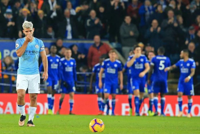 Manchester City's Sergio Aguero shows the strain of his side's shock loss at Leicester