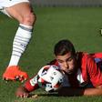 This photo taken on July 31, 2016 shows Atletico's Theo Hernandez during the friendly football match between Spanish side Atletico Madrid and Australian side Melbourne Victory in Geelong near Melbourne