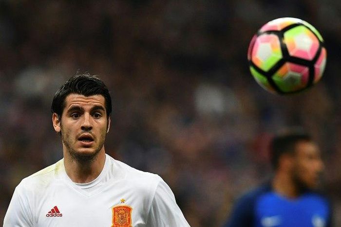 Spain and Real Madrid forward Alvaro Morata eyes the ball during the friendly against France at the Stade de France stadium in Saint-Denis, north of Paris on March 28, 2017