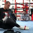 Russia's Sergey Kovalev stretches before a workout at the Boxing Laboratory in Oxnard, California, on May 30, 2017