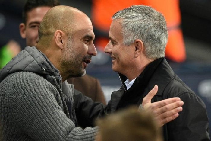 Pep Guardiola's Manchester City are outspending Manchester United, managed by Jose Mourinho (right)