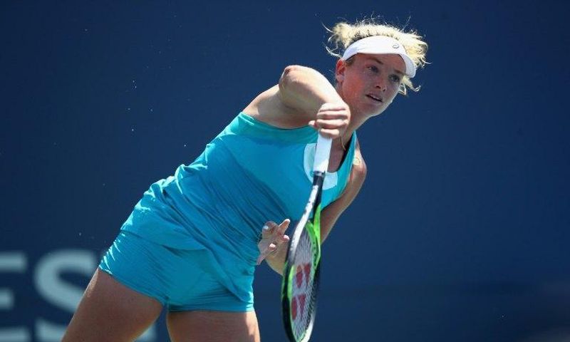 CoCo Vandeweghe serves to Catherine Bellis on August 5, 2017 in Stanford, California