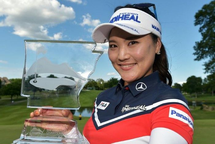 Ryu So-Yeon of South Korea celebrates with the trophy after winning the Walmart NW Arkansas Championship, at Pinnacle Country Club in Rogers, Arkansas, on June 25, 2017