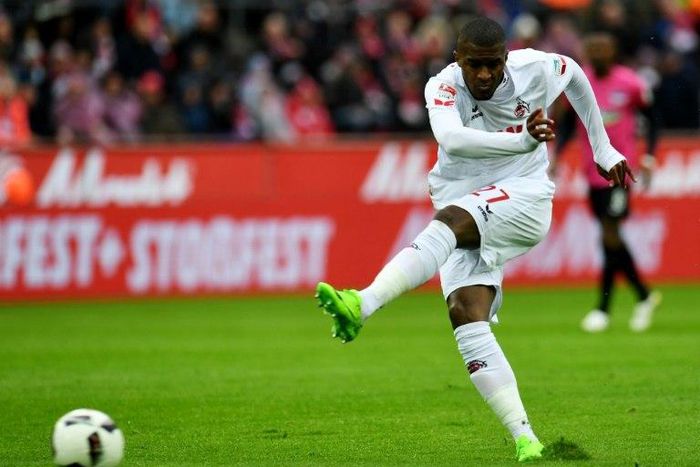 This photo taken on March 18, 2017 shows Cologne's French striker Anthony Modeste shooting the ball during the German First division Bundesliga football match of FC Cologne vs Hertha Berlin