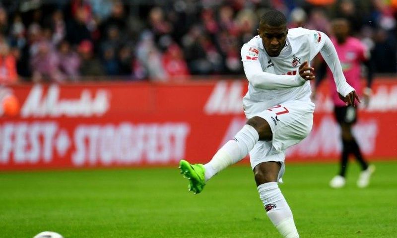 This photo taken on March 18, 2017 shows Cologne's French striker Anthony Modeste shooting the ball during the German First division Bundesliga football match of FC Cologne vs Hertha Berlin