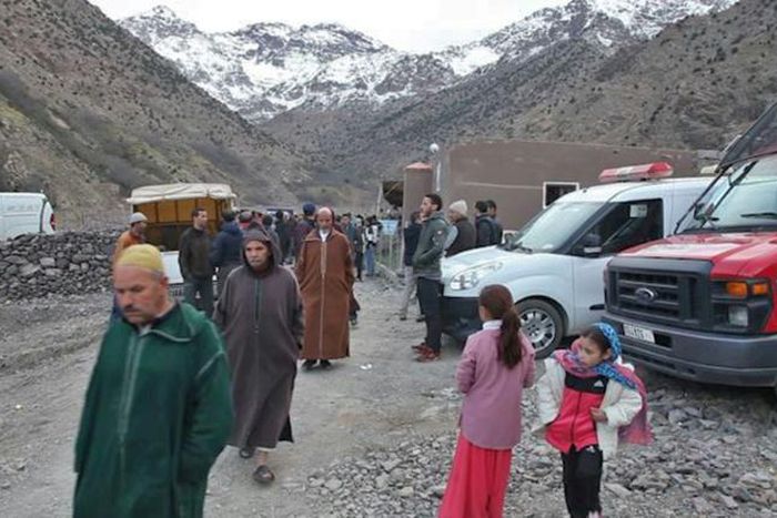 An image grab from a video broadcast by Moroccan news channel KECH24 on December 18, 2018 shows people at the site where the bodies of two murdered Scandinavian tourists were found in the High Atlas mountains