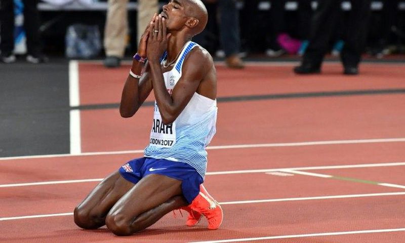 Britain's Mo Farah reacts after finishing second in the final of the men's 5000m at the IAAF World Championships in London on August 12, 2017
