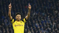 Borussia Dortmund winger Jadon Sancho celebrates after scoring the winning goal in Saturday's 2-1 derby win at rivals Schalke.