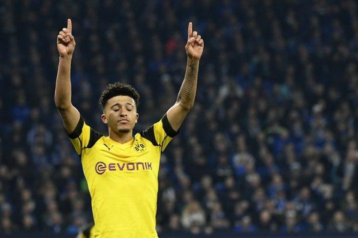 Borussia Dortmund winger Jadon Sancho celebrates after scoring the winning goal in Saturday's 2-1 derby win at rivals Schalke.