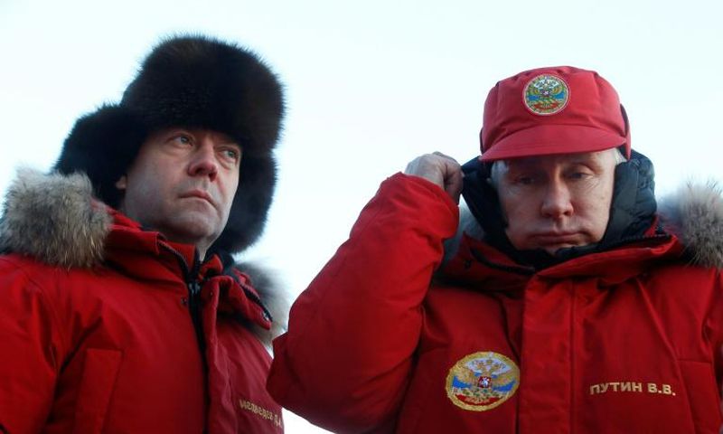 Russian President Vladimir Putin, right, and Prime Minister Dmitry Medvedev visit the Arctic last year, where Moscow is increasingly seeking to assert its influence