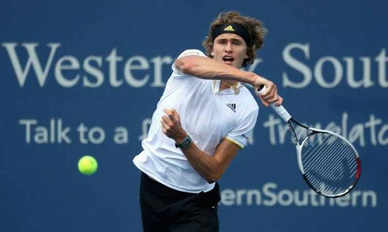 Alexander Zverev of Germany returns a shot to Frances Tiafoe during Day 5 of the Western & Southern Open at the Linder Family Tennis Center on August 16, 2017 in Mason, Ohio