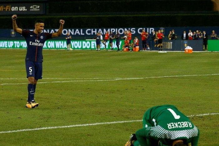 Paris Saint-Germain's Marquinhos celebrates his winning goal against AS Roma during their International Champions Cup match, at Comerica Park in Detroit, Michigan, on July 19, 2017