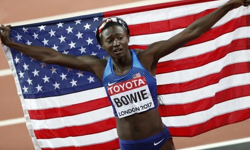 US sprinter Tori Bowie celebrates her gold medal in the 100m at the world championships in London on August 6, 2017