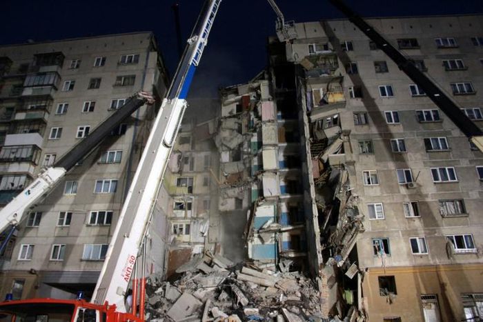 A large section of the building collapsed after a gas explosion on Monday morning in the central Russian city of Magnitogorsk