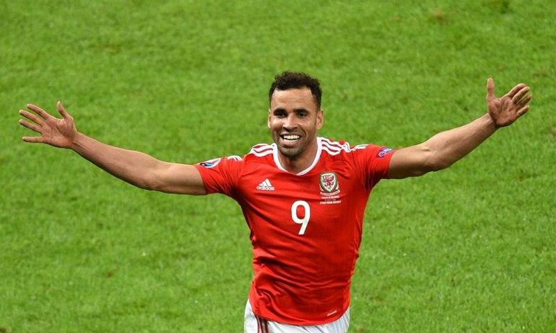Hal Robson-Kanu, pictured in 2016, was shown a straight red card following an aerial challenge with Burnley defender Matt Lowton