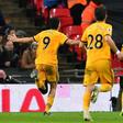 Wolves celebrate Raul Jimenez's goal against Tottenham at Wembley