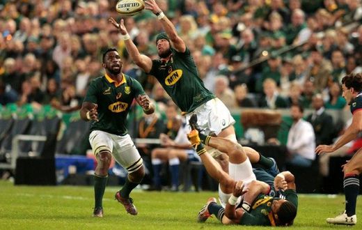 South Africa's captain Warren Whiteley intercepts a pass during their Test match against France, at the Kingspark rugby stadium in Durban, on June 17, 2017