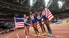 US athletes Quanera Hayes, Allyson Felix, Shakima Wimbley and Phyllis Francis celebrate winning the final of the women's 4x400m relay athletics event at the 2017 IAAF World Championships at the London Stadium in London on August 13, 2017