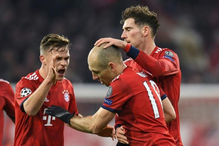 Dutch winger Arjen Robben (C), who turns 35 next month and has said he will retire at the end of the season, is congratulated by his Bayern Munich team-mates after scoring twice in the 5-1 trashing of Benfica a fortnight ago.