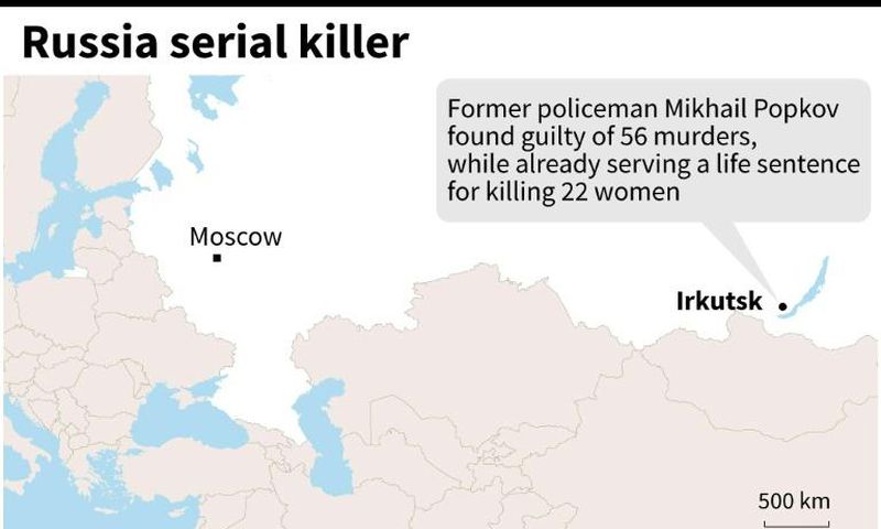 Map locating Irkutsk in Russia where a former policeman was found guilty of 56 murders on December 10, while already serving a life sentence for killing 22 women.