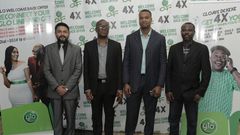Head of Business, Glo Mobile Ghana, Mr Rowland Odolokor (4th left), flanked by Mr Abhishek Vora, Marketing (1st left) and Glo dealers, Mr Kojo Amoakum, MD, K&F Enterprises, Mr Edward Banson, MD This-&-That Enterprise, at the launch of Glo  “AyƐ DƐ kƐkƐ...