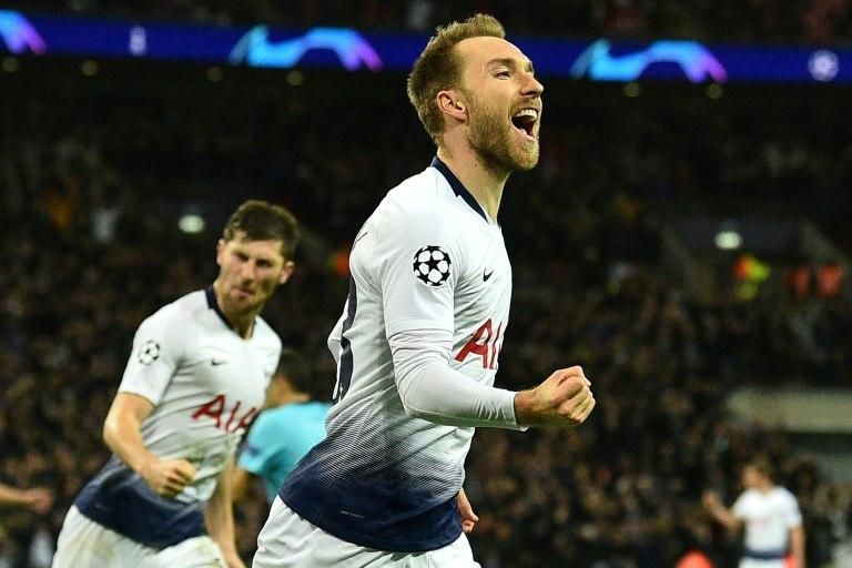 Tottenham's Christian Eriksen celebrated scoring against Inter Milan at Wembley