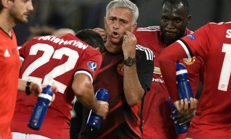 Manchester United's manager Jose Mourinho instructs his players during their UEFA Super Cup match against Real Madrid, at the Philip II Arena in Skopje, on August 8, 2017