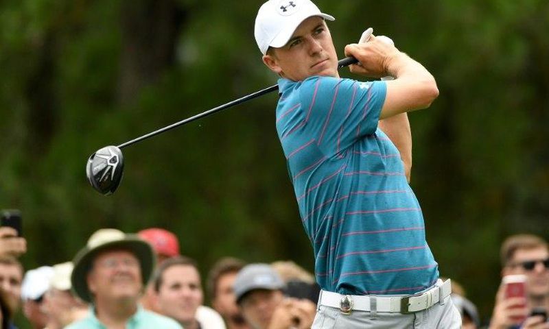 Jordan Spieth hits off a tee during a practice round prior on August 7, 2017 in Charlotte, North Carolina