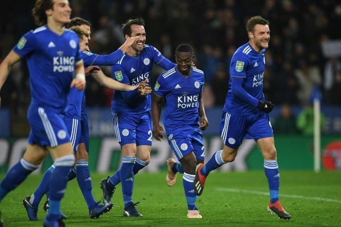 Nampalys Mendy (second right) scored the winning penalty to send Leicester through