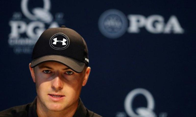 Jordan Spieth speaks to the press before the PGA Championship at Quail Hollow Club in Charlotte, North Carolina, on August 9, 2017